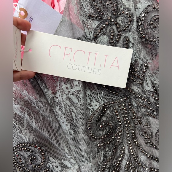 Cecilia Couture 1407 gunmetal size 14 long sleeve beaded and lace long dress NWT - Picture 8 of 9